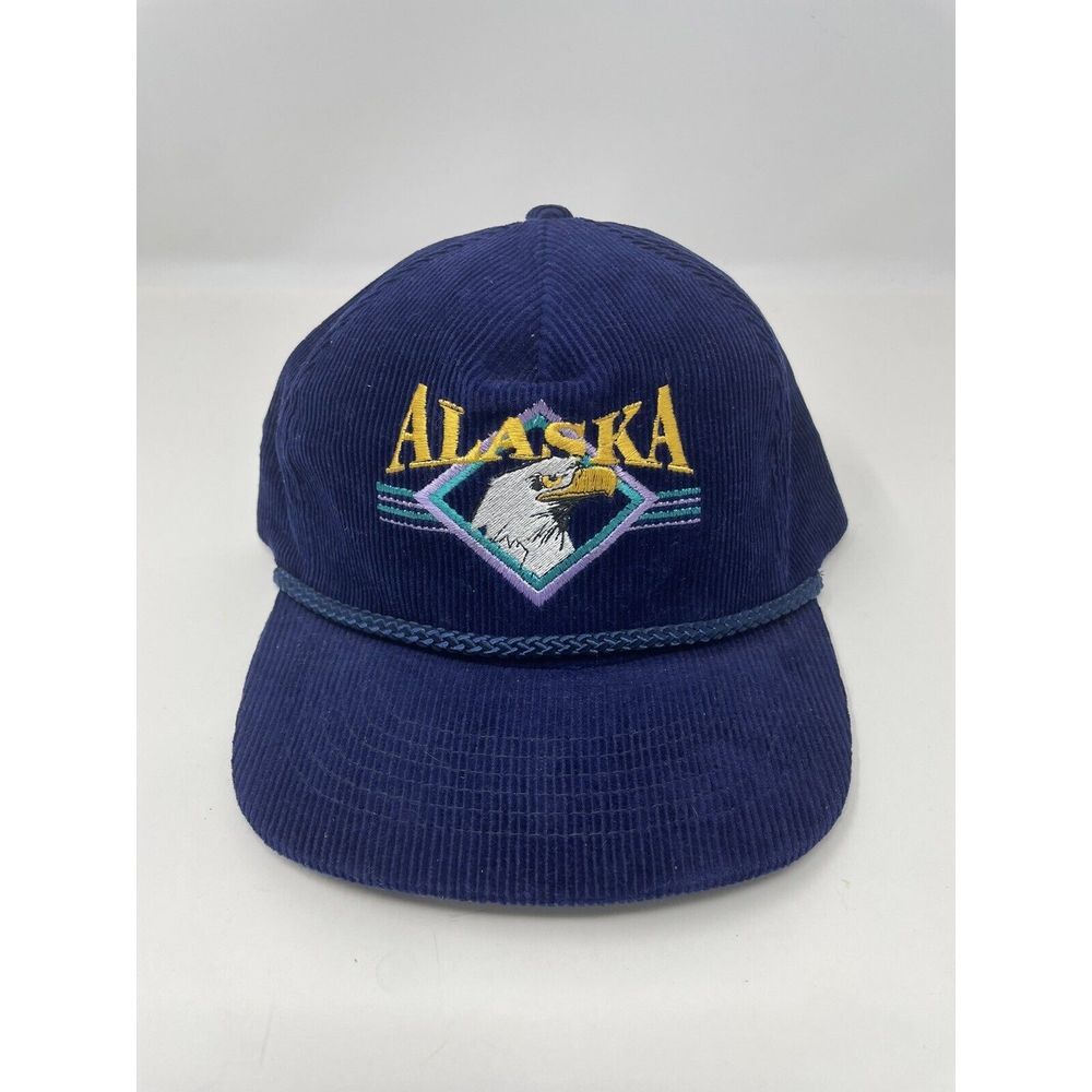 Vintage ALASKA American Bald Eagle Corduroy Trucker Snapback Hat OSFM Headliners